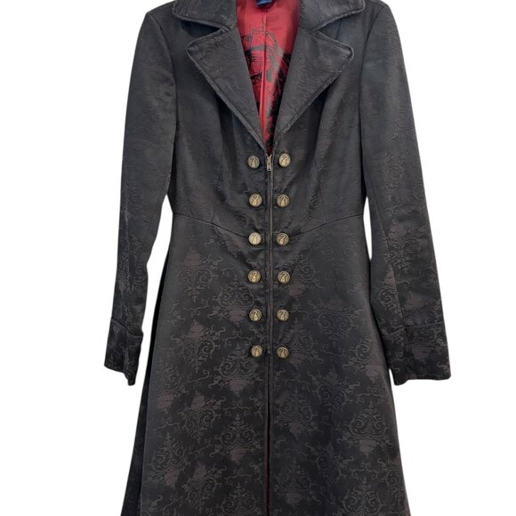 Hot Topic Once Upon a Time Captain Hook Black Jacquard Flare Coat Red Lined SZ S - Picture 5 of 14